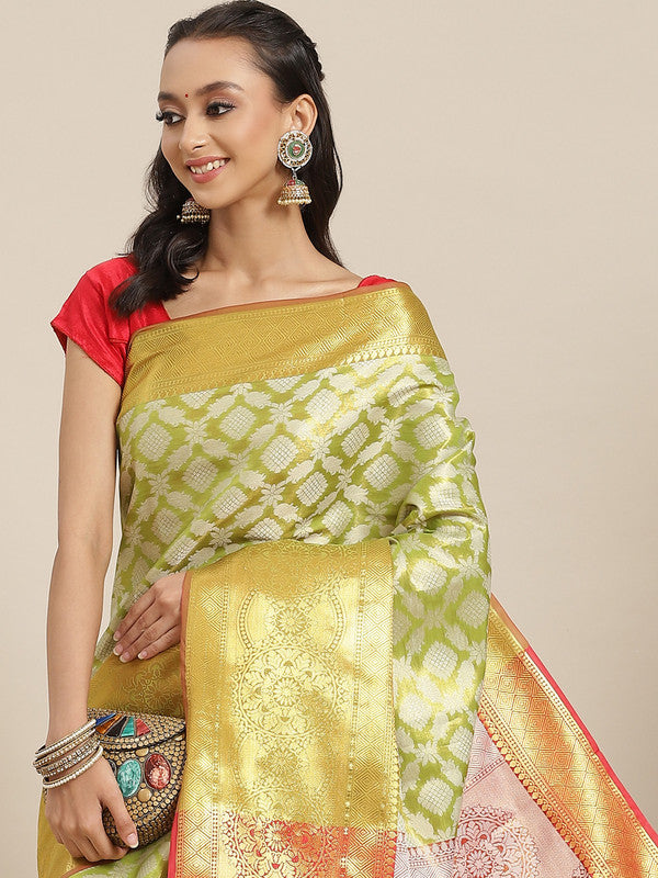 Green Brocade Woven Zari Design Floral Saree with Unstitched Blouse - Hiral Fashion | Swadesiicart