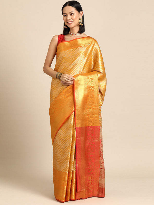 Yellow Brocade Woven Zari Design Striped Saree with Unstitched Blouse - Hiral Fashion | Swadesiicart