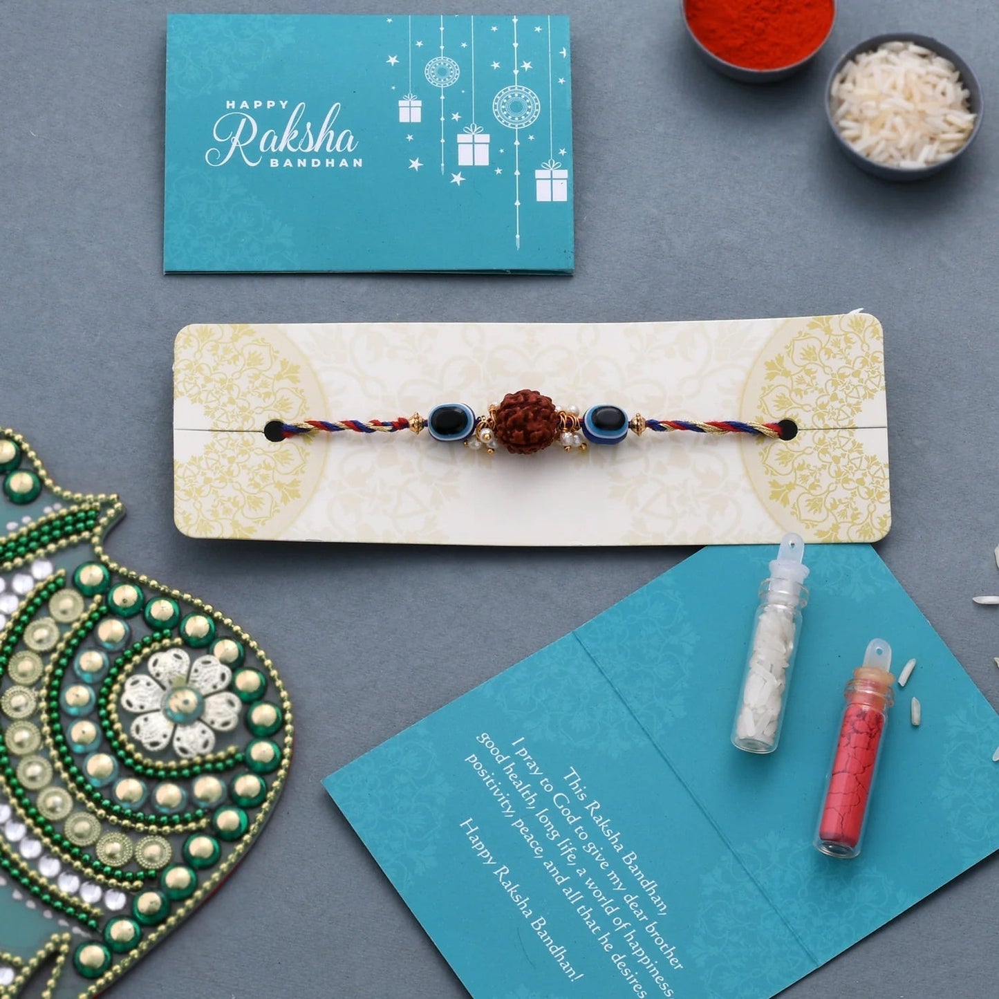 trueBrowns X Voylla Evil Eye Beaded Rakhi Embellished With Rudraksha | Swadesiicart