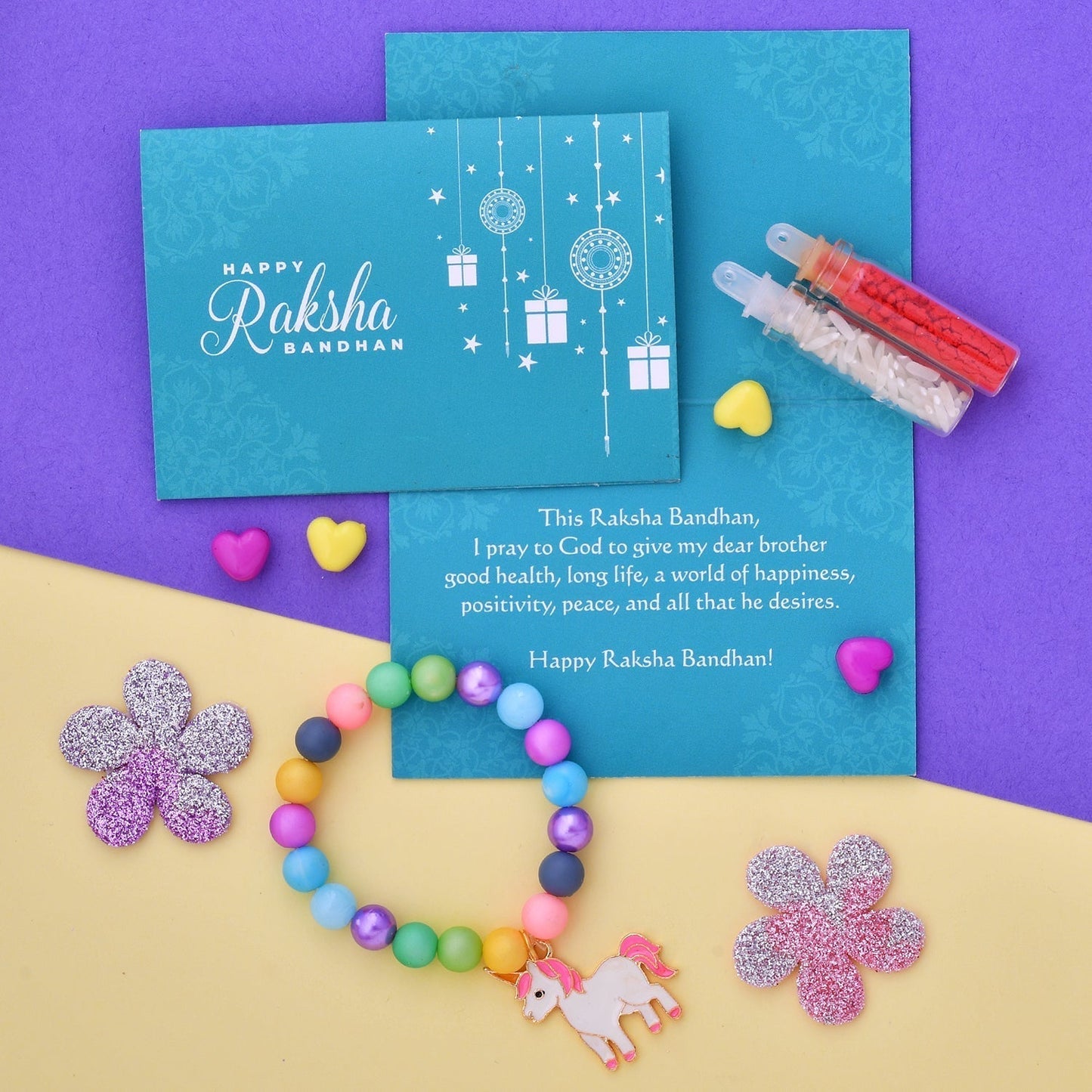 trueBrowns X Voylla Pink Unicorn Kids Convertible Rakhi with Colorful Beads | Swadesiicart