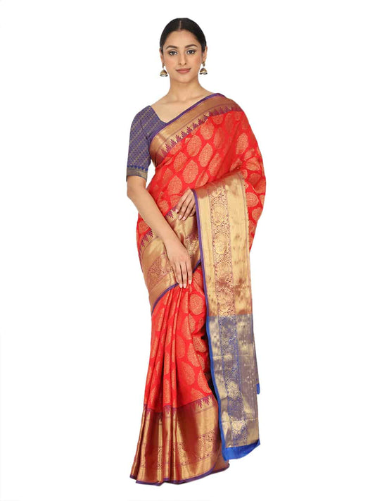 Hiral Fashion Red Banarasi Art Silk Floral Woven Design Saree | Swadesiicart