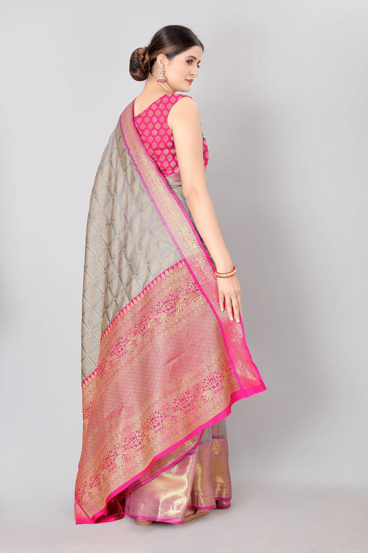 Hiral Fashion Grey Banarasi Silk Blend Geomatric Woven Design Saree | Swadesiicart