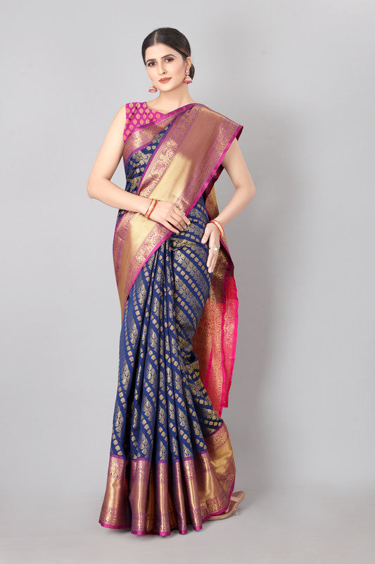 Navy Blue Banarasi Silk Woven Zari Design Striped Saree with Unstitched Blouse - Hiral Fashion | Swadesiicart