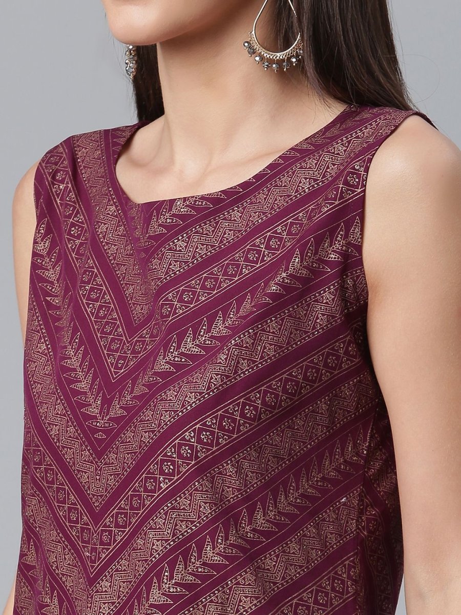 Ahalyaa Wine Crepe Glitter Print Kurta with Sharara and dupatta Set | Swadesiicart