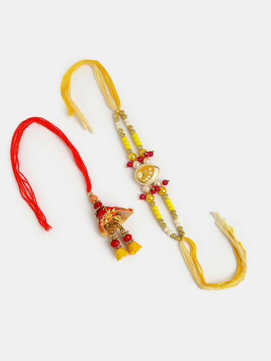 NVR Women & Men Set of 2 Yellow Peacock Design Bhaiya Bhabhi Rakhi With Roli Chawal | Swadesiicart