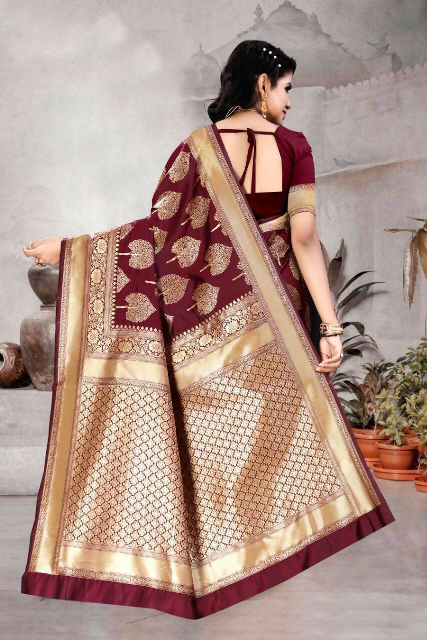 DEIANA'S Beautiful Designer Golden zari Soft Lichi Silk Saree - Maroon - Swadesiicart