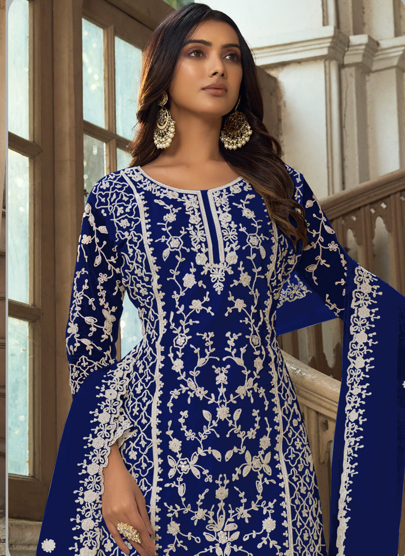 Vegaa Fashion Blue Premium Net Embroidered Traditional Palazzo Suit - Swadesiicart