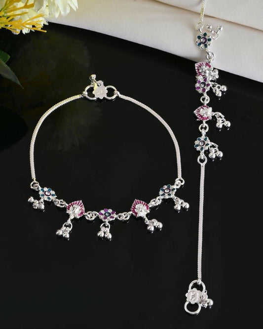 VOJ Set of 2 Silver Plated Designer Multi Color Anklet - Swadesiicart