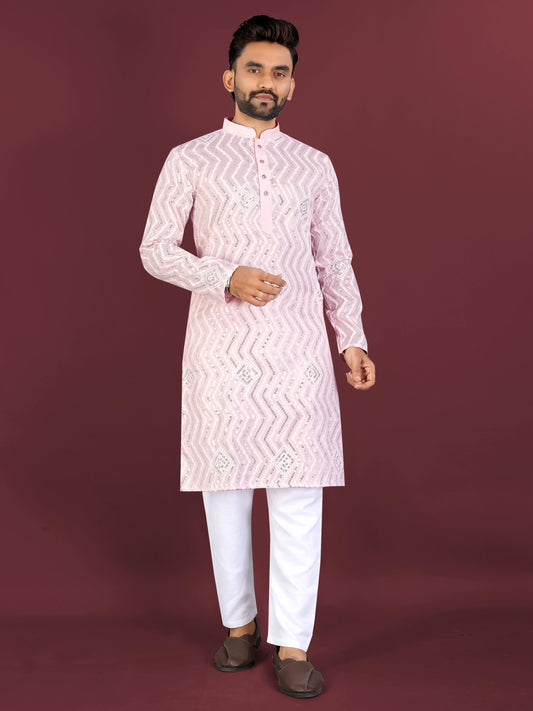 Neera Trendz Pink Soft Silk Embroidered Men's Kurta Pyjama - Swadesiicart
