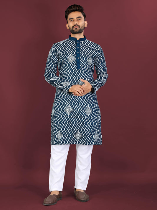 Neera Trendz Teal Soft Silk Embroidered Men's Kurta Pyjama - Swadesiicart