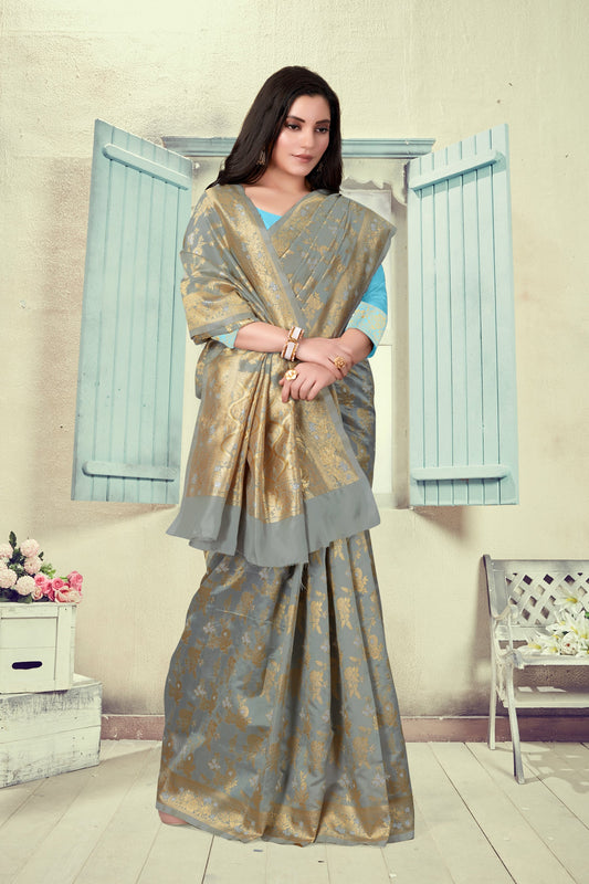Vedant Vastram Litchi Silk Designer Banarasi Saree - Grey | Swadesiicart
