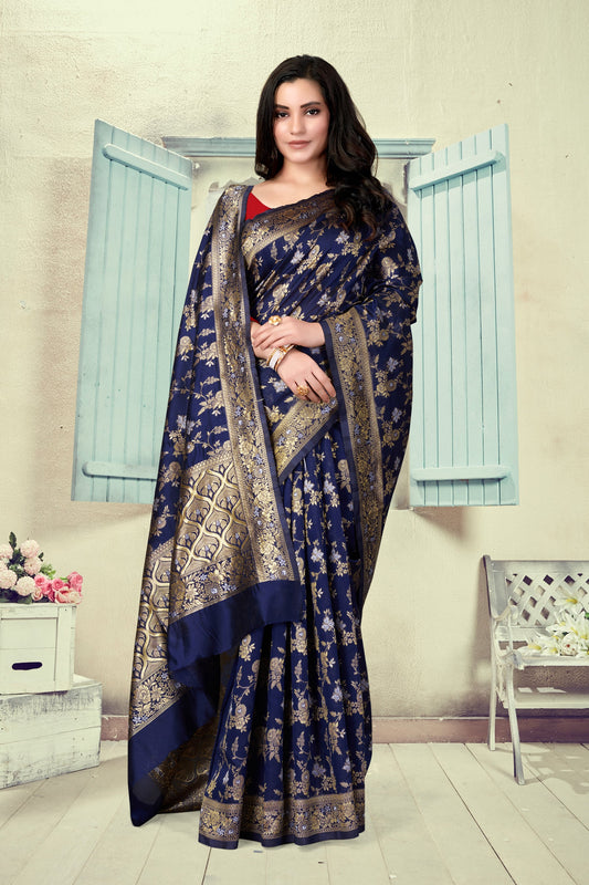 Vedant Vastram Litchi Silk Designer Banarasi Saree - Navy Blue | Swadesiicart