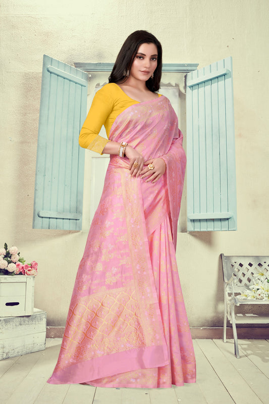 Vedant Vastram Litchi Silk Designer Banarasi Saree - Pink | Swadesiicart