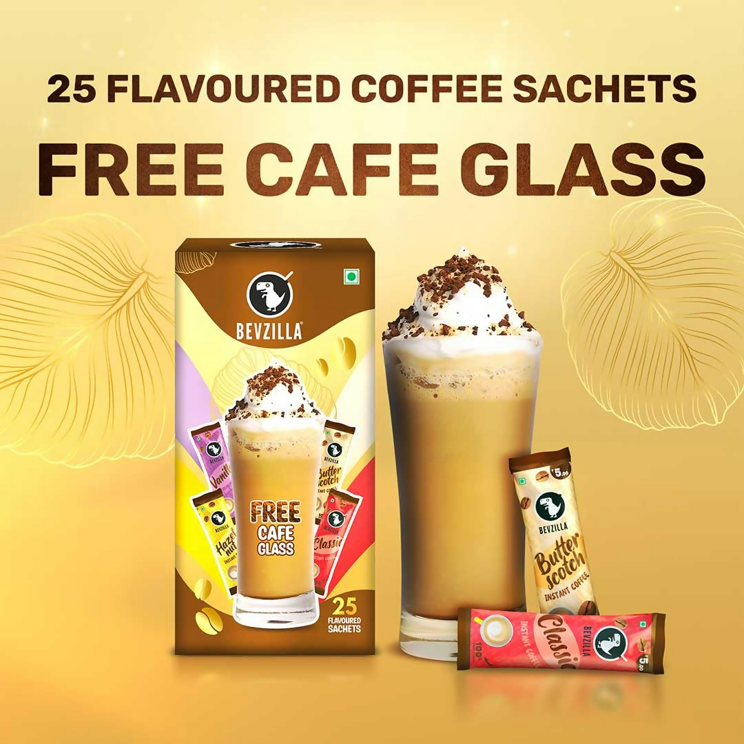 Bevzilla Premium Glass & 25 Flavoured Coffee Sachets | Swadesiicart