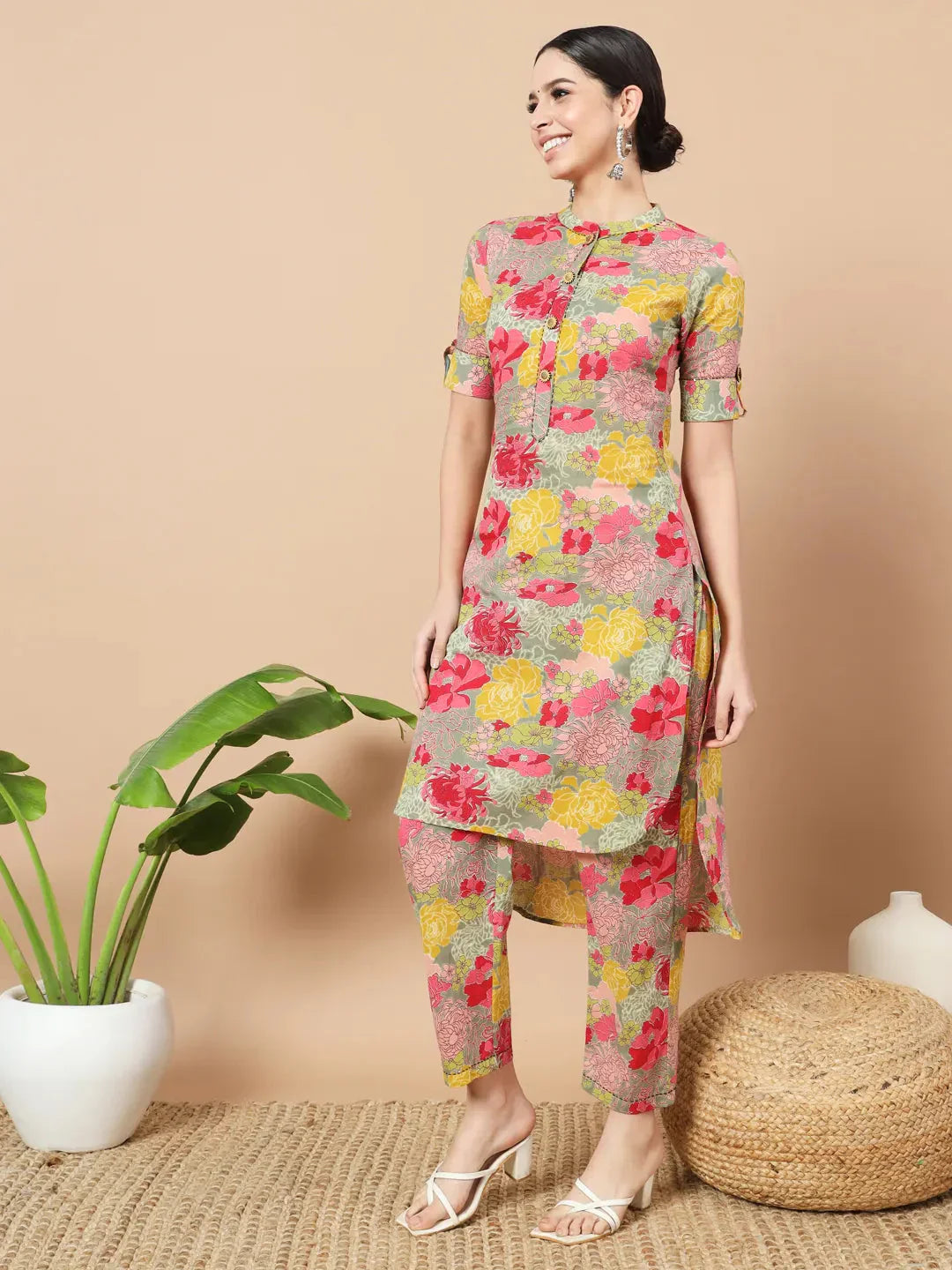 Yufta Sea Green Floral Printed Cotton Yoke Co-Ord Set - Swadesiicart