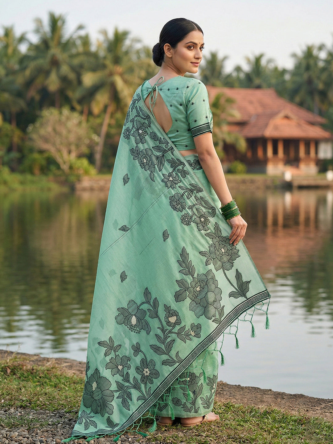 Anaita Turquoise Linen Printed Saree With Blouse