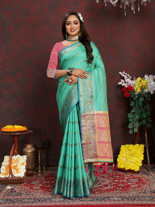 Lorenvalley Fashion Seagreen Soft Katan Silk Woven Design Zari Weaving Pallu Saree - Swadesiicart