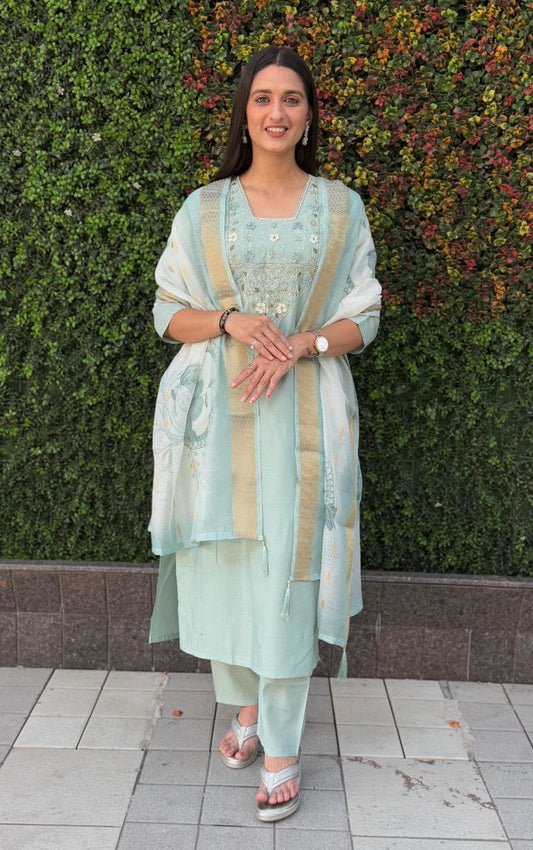 Lorenvalley Fashion Seagreen Roman Silk Hand Work Kurta Pant with Dupatta - Swadesiicart