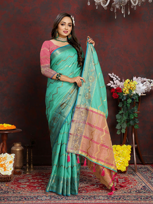 Lorenvalley Fashion Seagreen Soft Katan Silk Woven Design Zari Weaving Pallu Saree - Swadesiicart