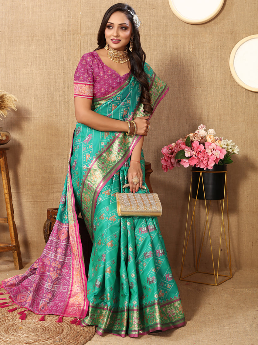 Lorenvalley Fashion Seagreen Patola Silk Woven Design with Zari Meenakari Weaving motifs Pallu Saree - Swadesiicart