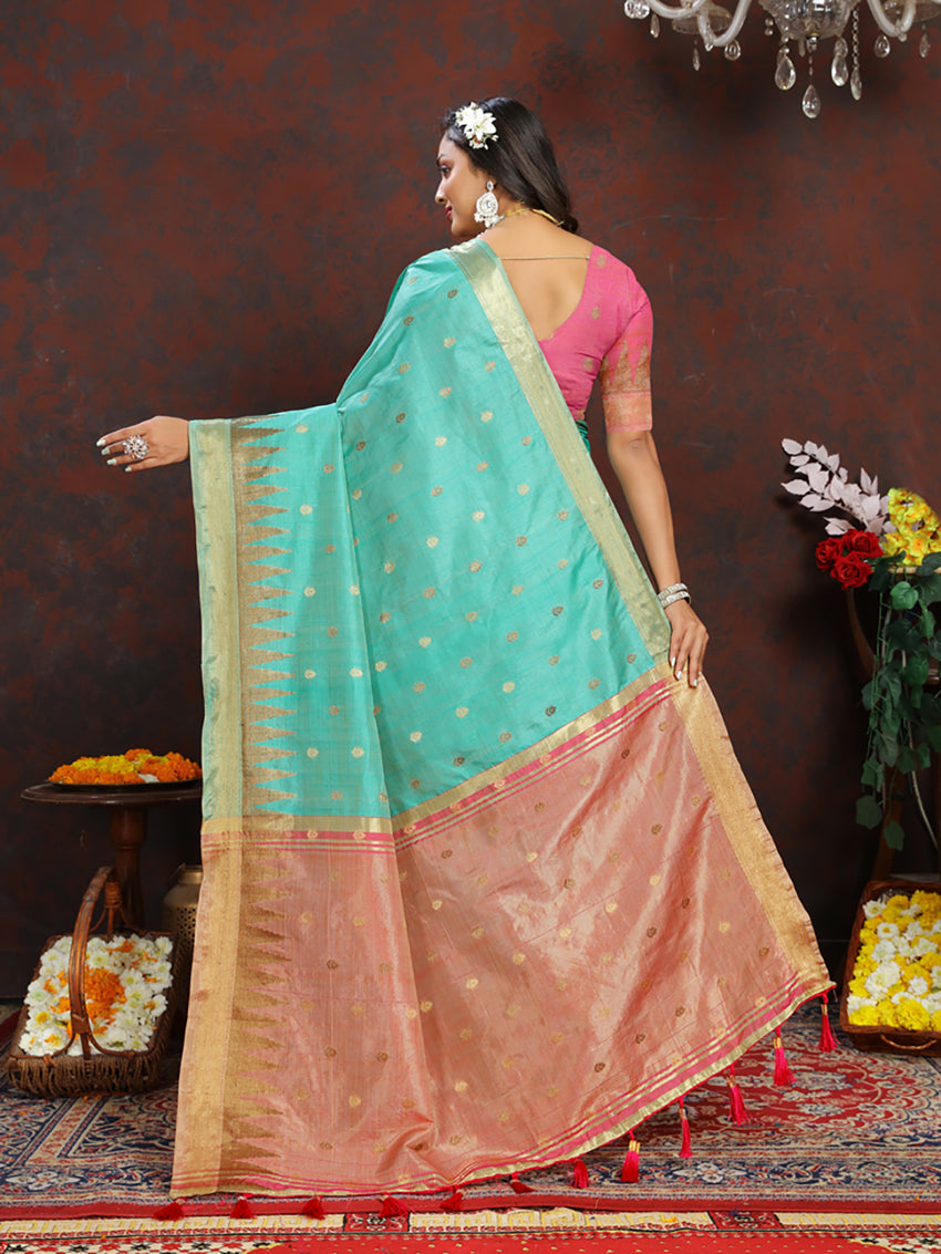 Lorenvalley Fashion Seagreen Soft Katan Silk Woven Design Zari Weaving Pallu Saree - Swadesiicart
