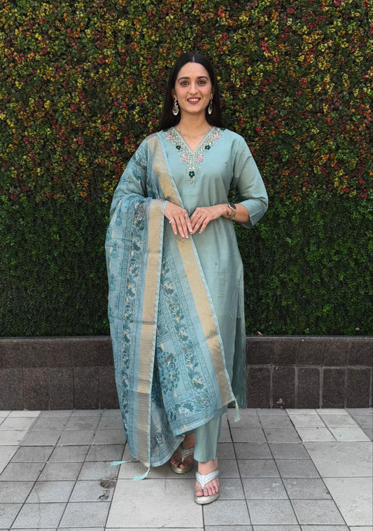Lorenvalley Fashion Seagreen Roman Silk Hand Work Kurta Pant with Dupatta - Swadesiicart