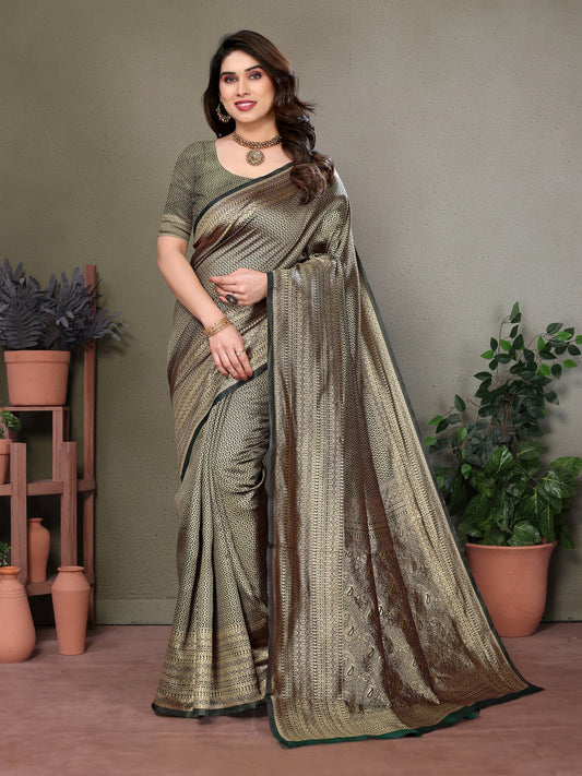 Vedant Vastram Litchi Silk Banarasi Silk Saree - Bottle Green | Swadesiicart