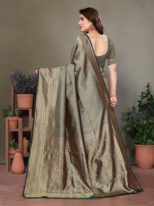 Vedant Vastram Litchi Silk Banarasi Silk Saree - Bottle Green | Swadesiicart
