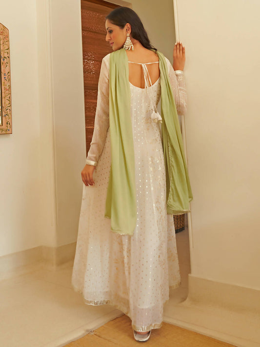 Janasya Women's White Chiffon Lurex Foil Printed Festive Anarkali Kurta Set | Swadesiicart