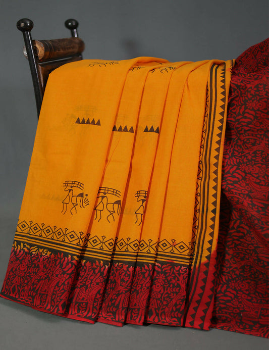 Shades Of Orange And Maroon Red Pure Munga Cotton Block Print Saree By Gayathri Reddy Designer Studio | Swadesiicart