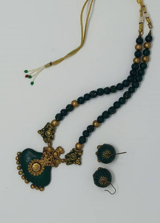 Terracotta Dark Green Crown Pendant Long Necklace Set Paired with Hanging Temple Jhumkas | Swadesiicart