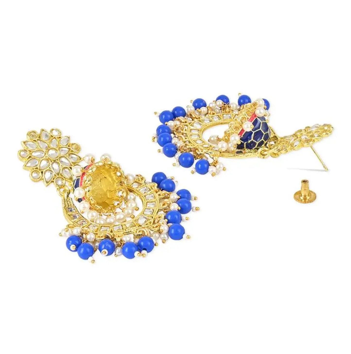 Jewel City Royal Blue and Gold-Plated Kundan Chandbali Earrings – Traditional Indian Jhumka Earrings with Pearls | Swadesiicart