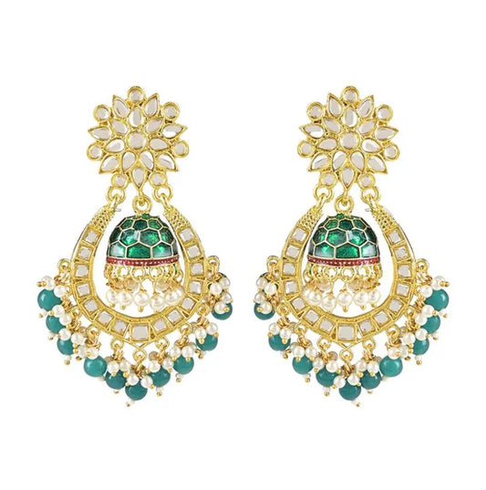 Jewel City Green and Gold-Plated Kundan Chandbali Earrings – Traditional Indian Jhumka Earrings with Pearls | Swadesiicart