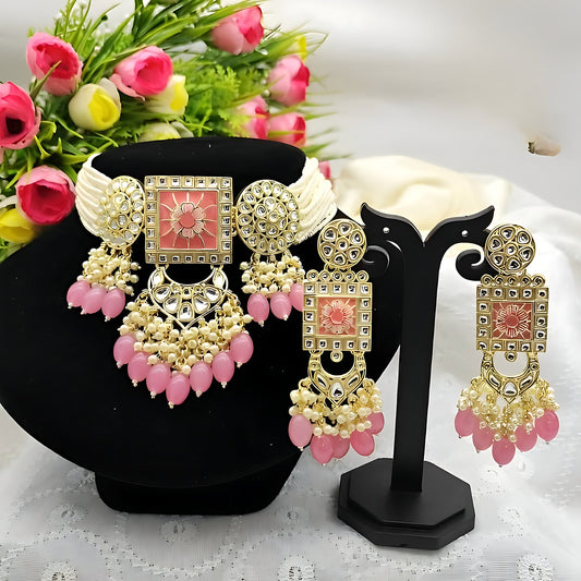 Jewel City Regal Kundan Meena Necklace and Earrings Set with Pink Beads Exquisite Indian Bridal Jewelry Collection | Swadesiicart