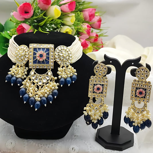 Jewel City Regal Kundan Meena Necklace and Earrings Set with Blue Beads -Exquisite Indian Bridal Jewelry Collection | Swadesiicart