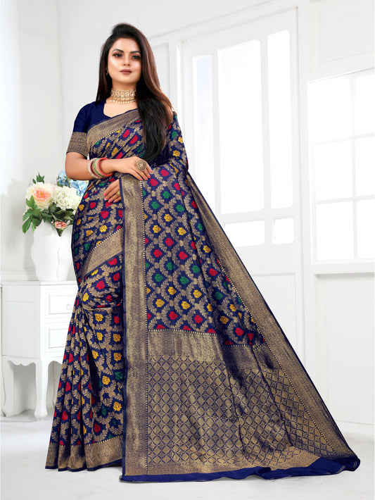 Vedant Vastram Litchi Silk Designer Banarasi Saree - Navy | Swadesiicart