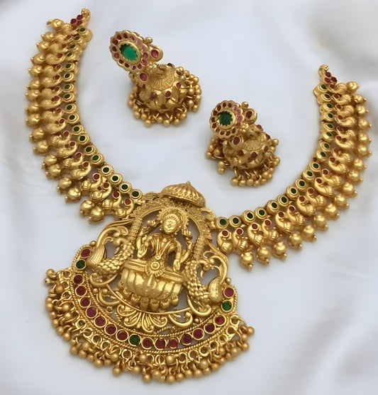 Jewel City Exquisite Gold-Plated Lakshmi Temple Jewelry Set: Necklace and Earrings | Swadesiicart