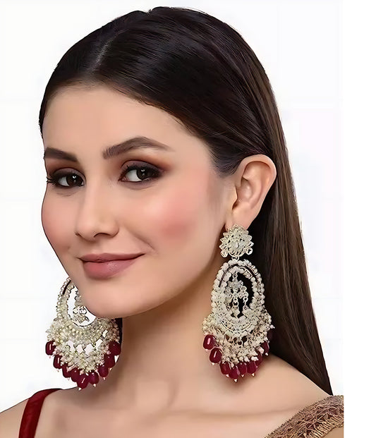 Jewel City Luxury Kundan Pearl Chandbali Earrings with Ruby Drops Traditional Wedding Statement Earrings | Swadesiicart