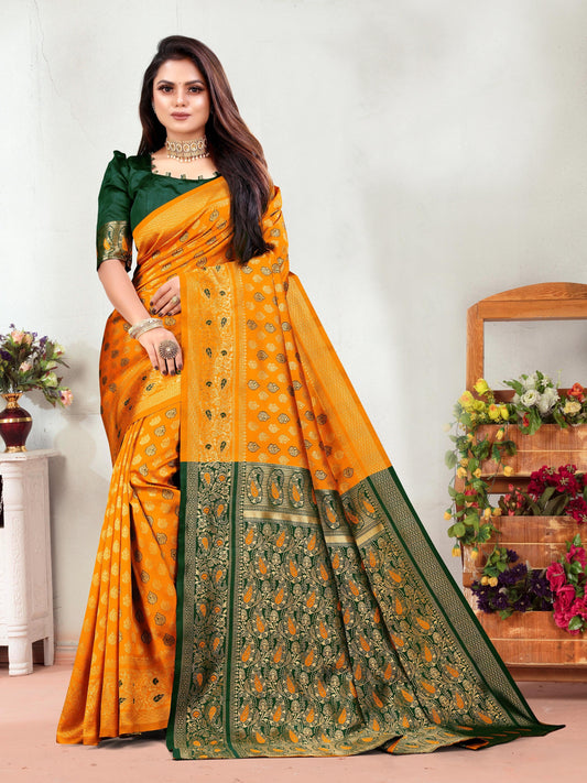 Vedant Vastram Litchi Silk Designer Banarasi Saree - Mustard | Swadesiicart