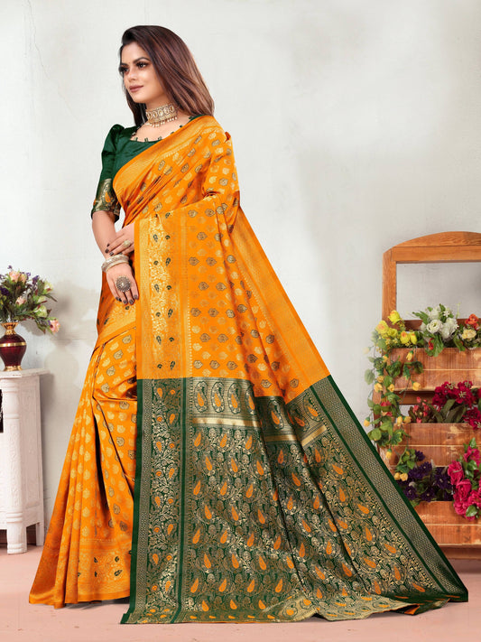 Vedant Vastram Litchi Silk Designer Banarasi Saree - Mustard | Swadesiicart