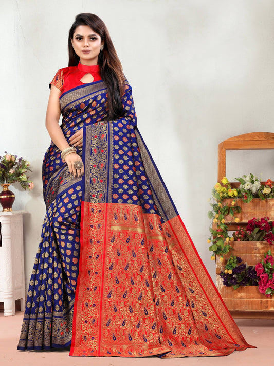 Vedant Vastram Litchi Silk Designer Banarasi Saree - Navy | Swadesiicart