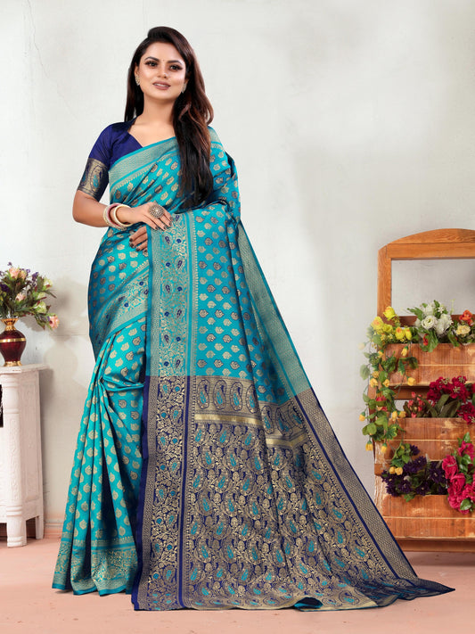 Vedant Vastram Litchi Silk Designer Banarasi Saree - Rama | Swadesiicart