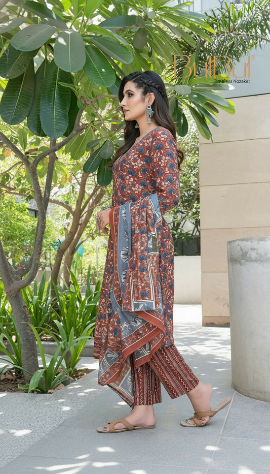 BulBul Fashionista Rust Cotton Kurta Set with Dupatta - Swadesiicart