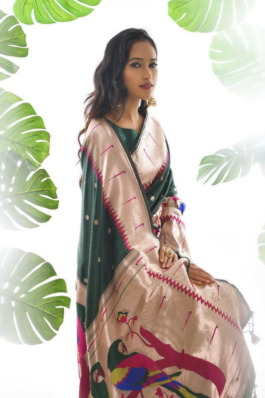 Vishnu Weaves Women's Bottle Green Paithani Silk Zari Woven Saree with Unstitched Blouse - Swadesiicart