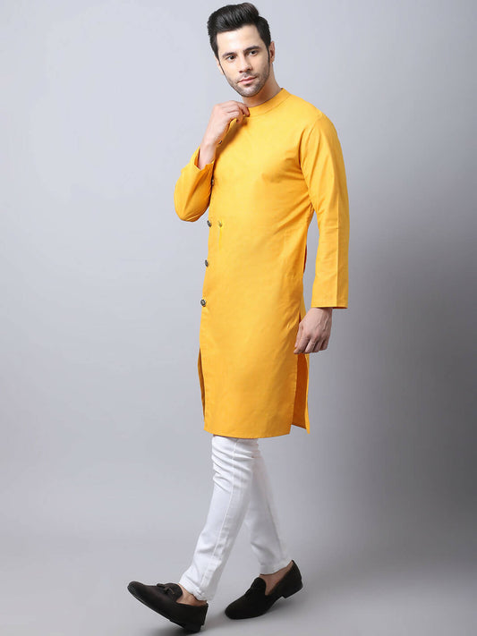 Even Apparels Yellow Pure Cotton Sherwani Kurta With Asymetrical Cut | Swadesiicart