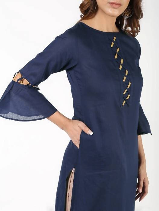 Aniyah Cotton Criss Cross Bell Sleeves Navy Blue Straight Kurta (AN-145K) - Swadesiicart