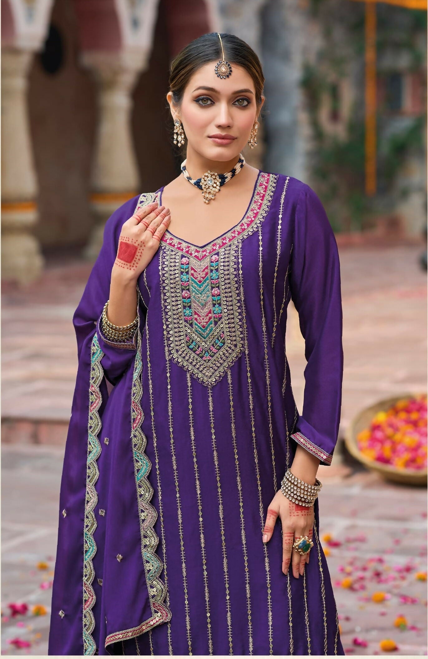 Anaita Purple Premium Embroidery Dhaga Sequin Work Ready Made Suit