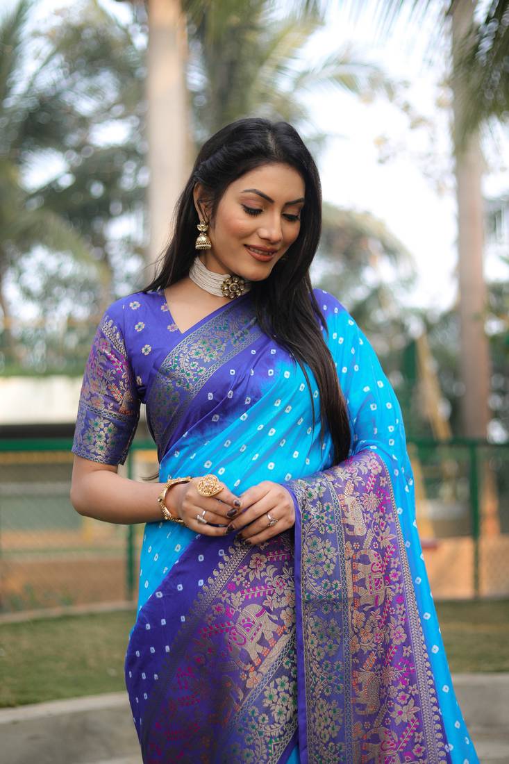 Anaita Sky Blue Woven Design Pure Bandhej Kanjivaram Soft Silk Saree
