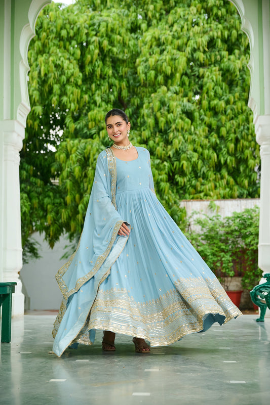 Lorenvalley Fashion Skyblue Faux Georgette with Embroidered work Anarkali Gown with Dupatta - Swadesiicart