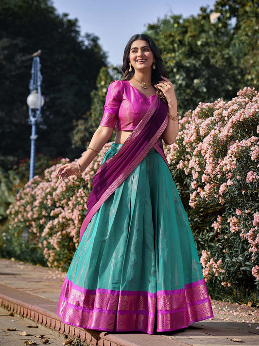 Lorenvalley Skyblue Kanchipuram Zari Weaving Work Lehenga Choli with Dupatta | Swadesiicart